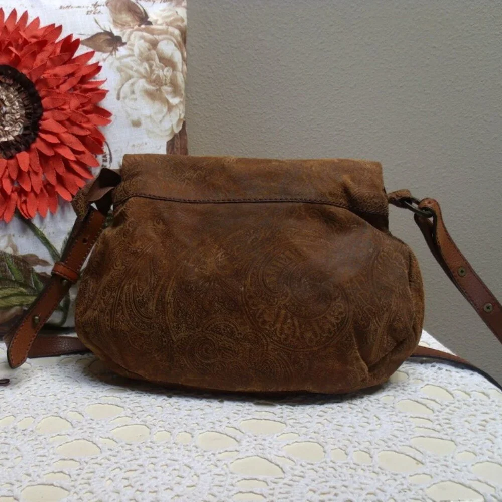 Coldwater Creek Suede Leather Brown Paisley Crossbody Bag